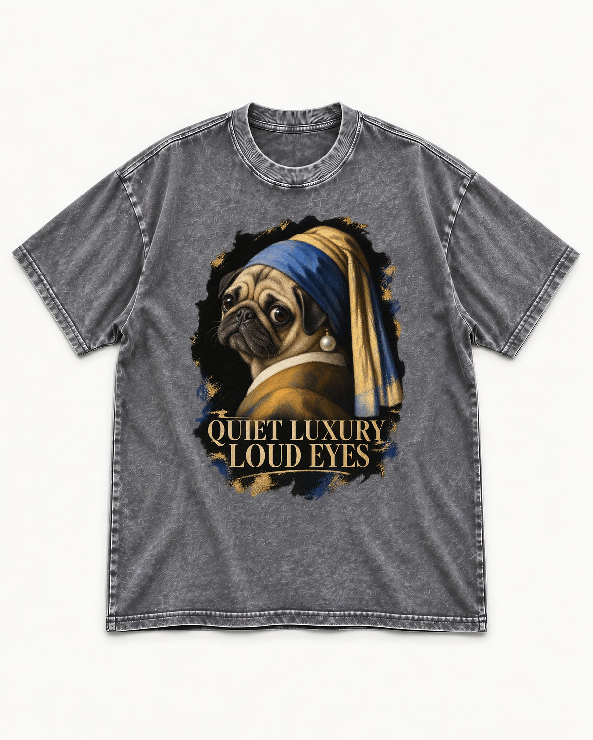 Pug Quiet Luxury Loud Eyes Pearl Portrait Graphic Washed Tee in Gray, flat lay product photo