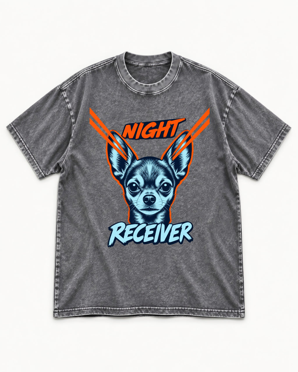 Chihuahua Night Receiver Signal Portrait Graphic Washed Tee in Gray, flat lay product photo