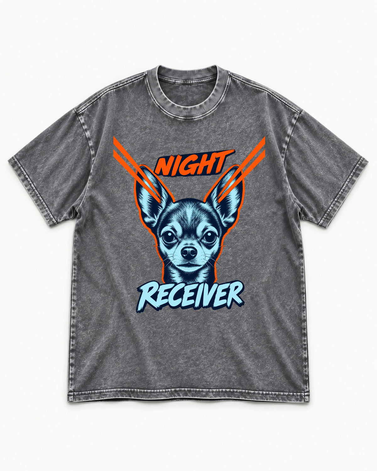 Chihuahua Night Receiver Signal Portrait Graphic Washed Tee in Gray, flat lay product photo