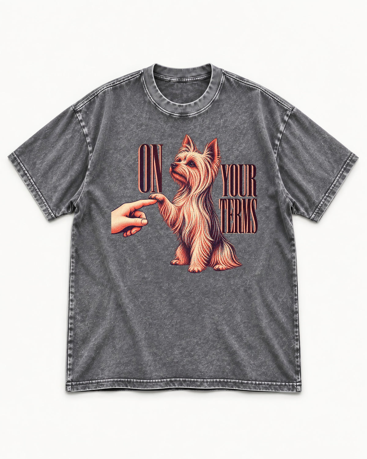 Yorkshire Terrier On Your Terms Washed Tee in Gray, flat lay product photo