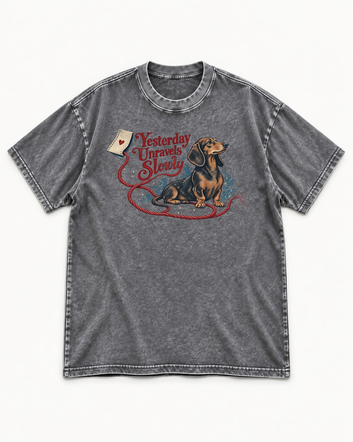 Yesterday Unravels Slowly with Dachshund Washed Tee in Gray, flat lay product photo
