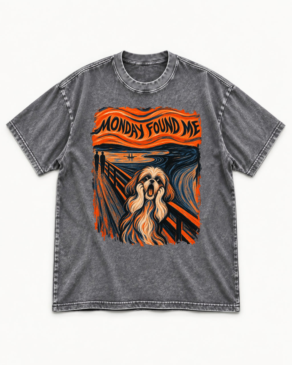 Shih Tzu Monday Found Me Scream Parody Graphic Washed Tee in Gray, flat lay product photo