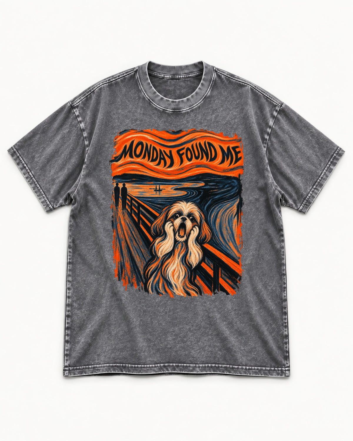 Shih Tzu Monday Found Me Scream Parody Graphic Washed Tee in Gray, flat lay product photo