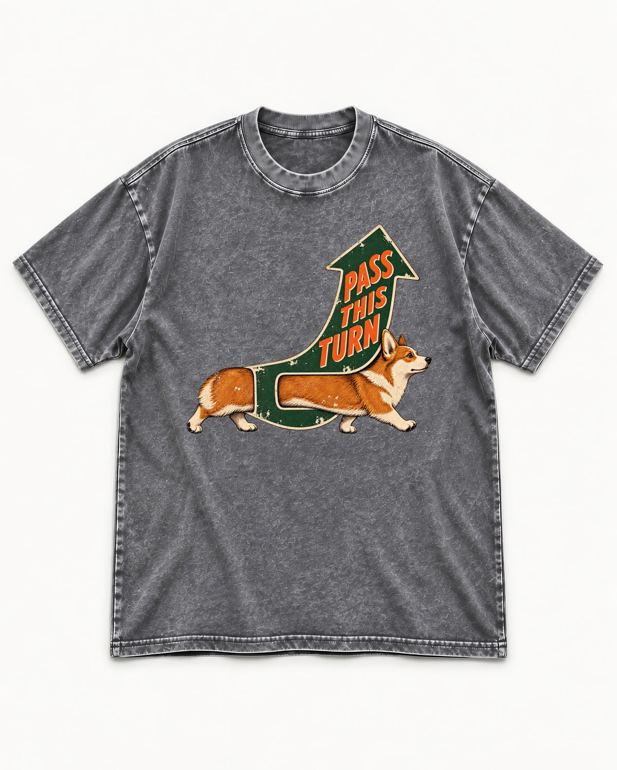 Corgi Pass This Turn Washed Tee in Gray, flat lay product photo
