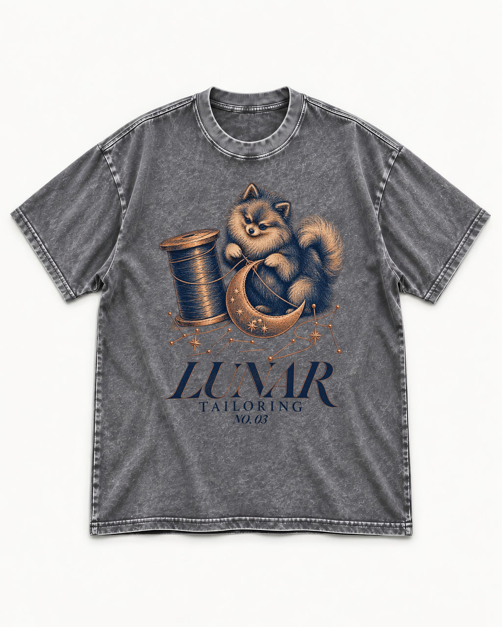Pomeranian's Lunar Tailoring Washed Tee in Gray, flat lay product photo