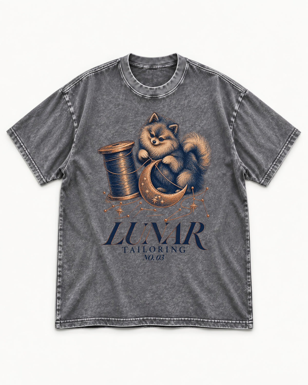 Pomeranian's Lunar Tailoring Washed Tee in Gray, flat lay product photo