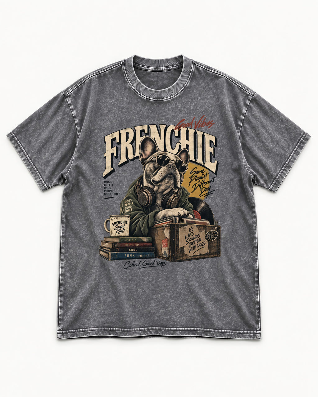 Frenchie Social Club Washed Tee in Gray, flat lay product photo