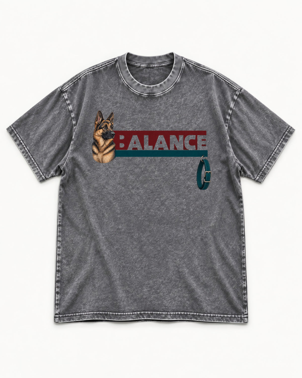 German Shepherd Dog Balance Washed Tee in Gray, flat lay product photo