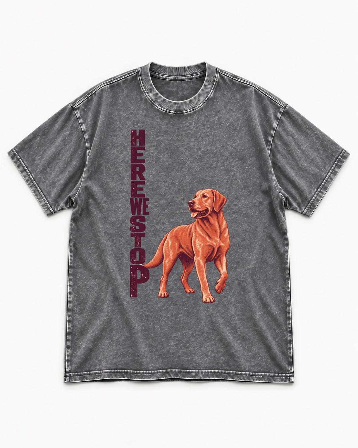 Here We Stop Labrador Retriever Washed Tee in Gray, flat lay product photo