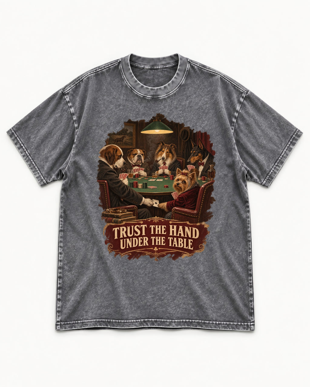 Yorkshire Terrier Trust the Hand Under the Table Poker Dogs Graphic Washed Tee in Gray, flat lay product photo