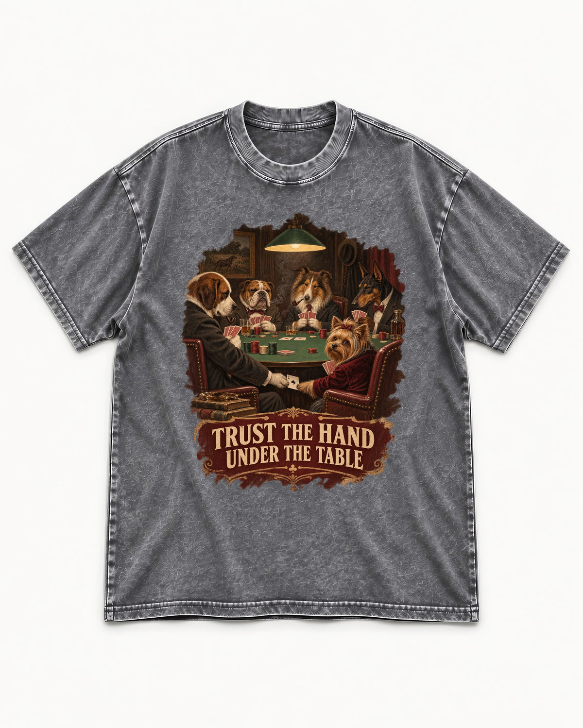 Yorkshire Terrier Trust the Hand Under the Table Poker Dogs Graphic Washed Tee in Gray, flat lay product photo