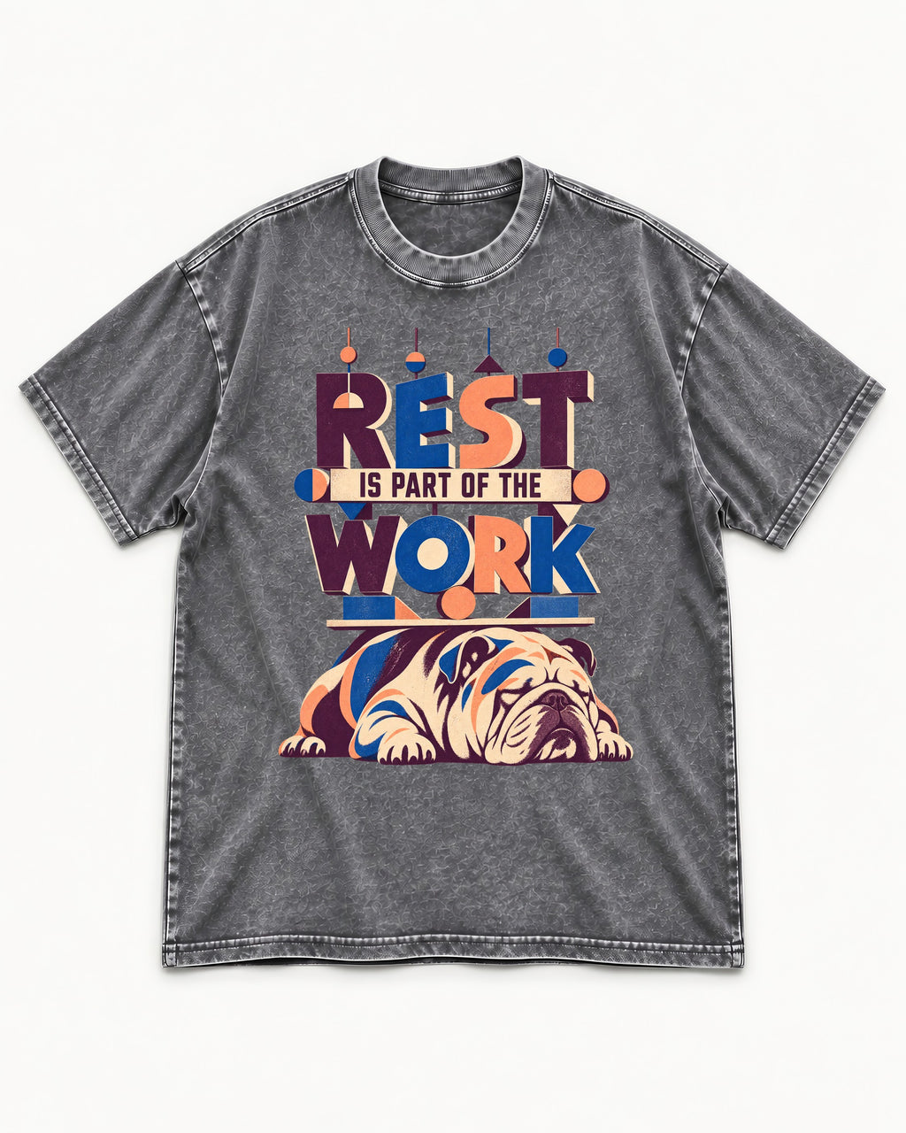 Rest Is Work English Bulldog Washed Tee in Gray, flat lay product photo