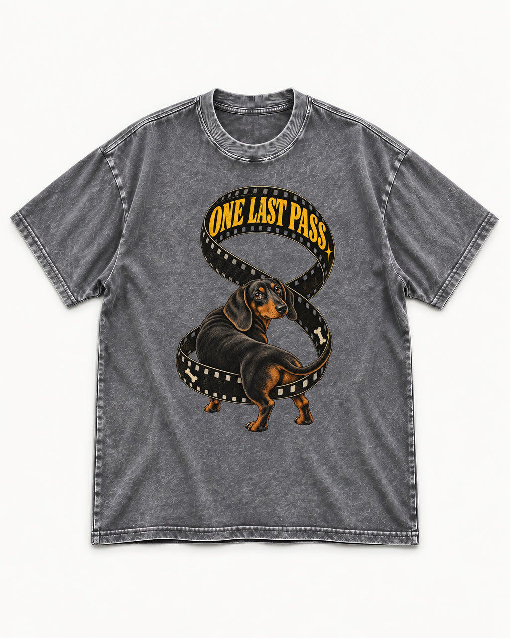 Dachshund's One Last Pass Washed Tee in Gray, flat lay product photo