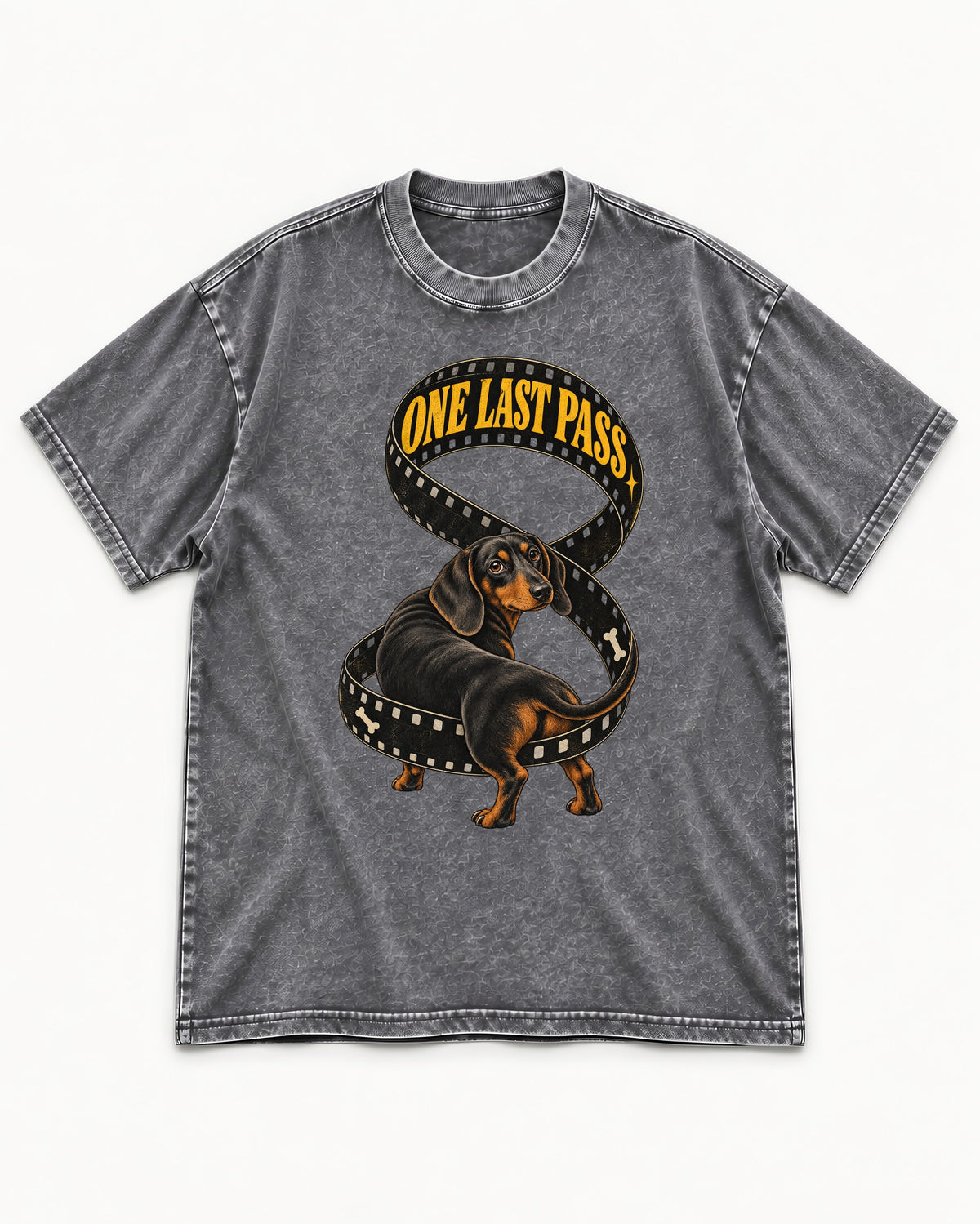 Dachshund's One Last Pass Washed Tee in Gray, flat lay product photo