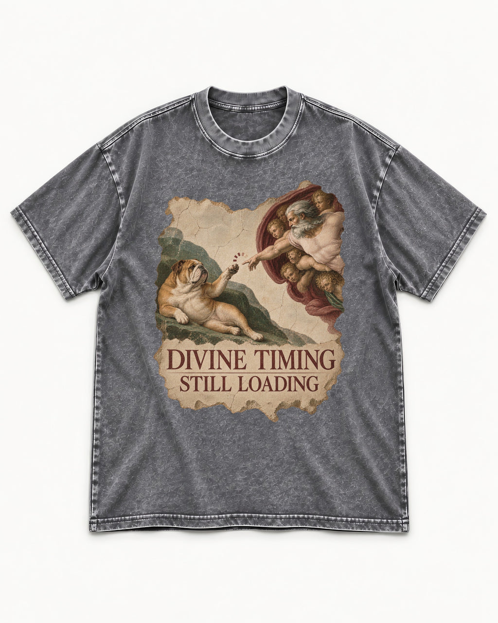 English Bulldog Divine Timing Still Loading Washed Tee in Gray, flat lay product photo
