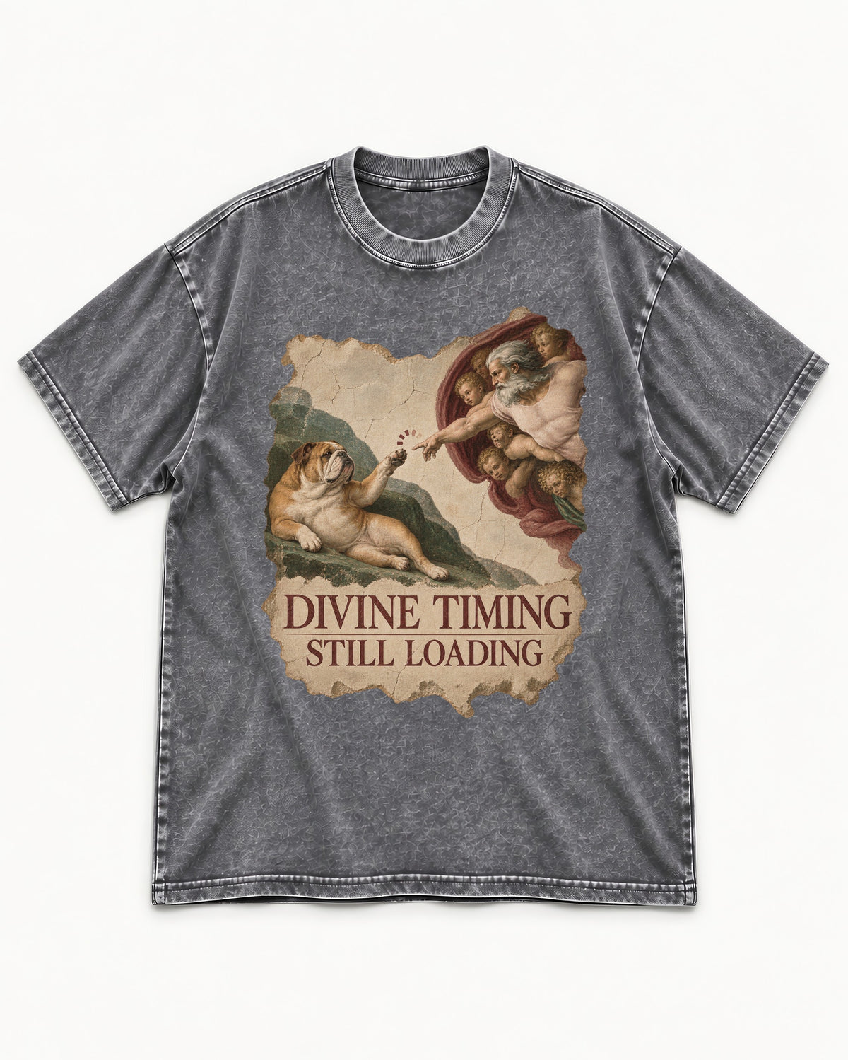 English Bulldog Divine Timing Still Loading Washed Tee in Gray, flat lay product photo