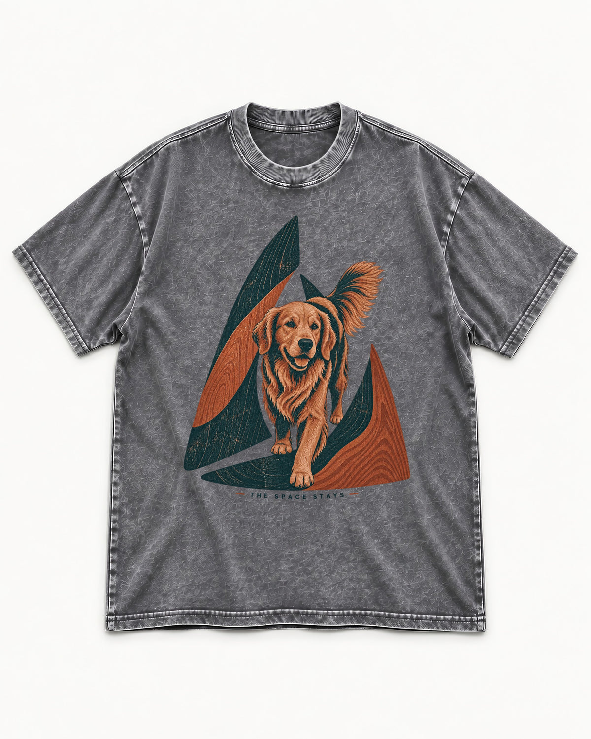 The Golden Retriever Space Stays Washed Tee in Gray, flat lay product photo