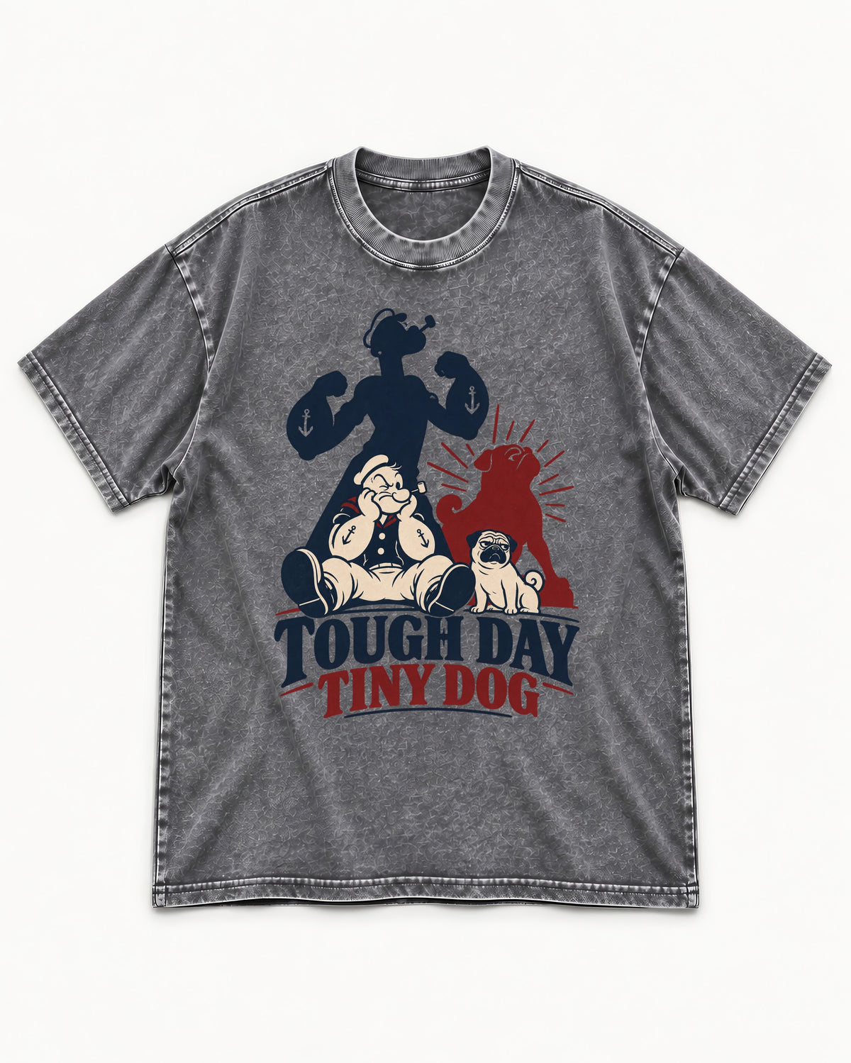 Tough Day Tiny Pug Washed Tee in Gray, flat lay product photo