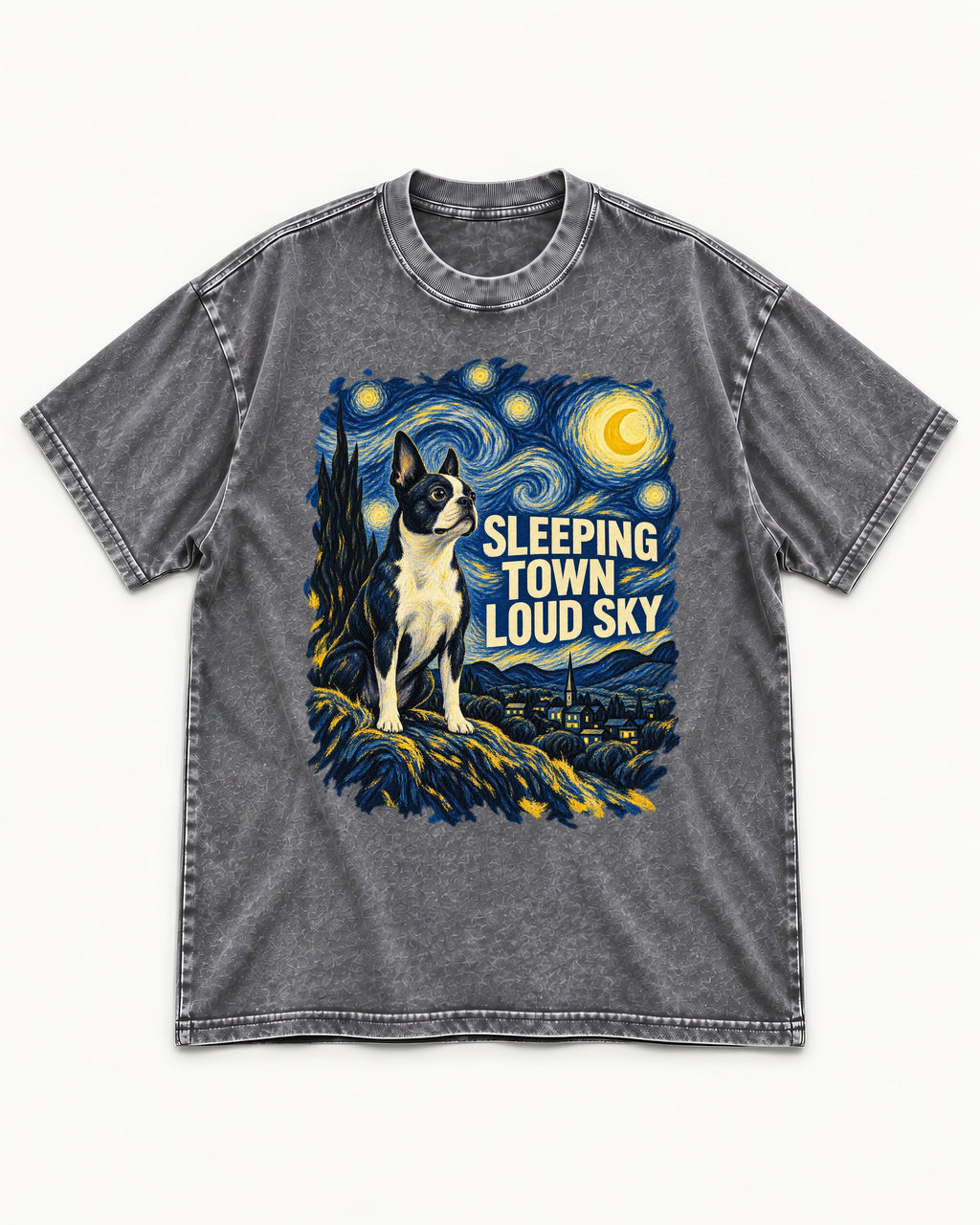 Sleeping Town Loud Sky Boston Terrier Starry Night Washed Tee in Gray, flat lay product photo