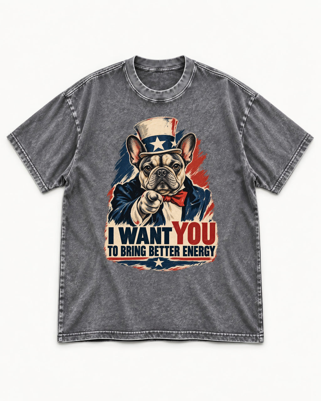 Frenchie I Want You to Bring Better Energy Recruitment Poster Graphic Washed Tee in Gray, flat lay product photo