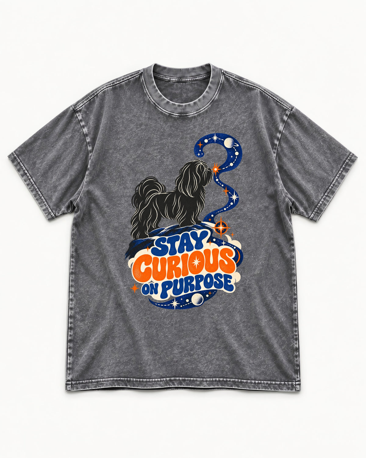 Stay Curious on Purpose Shih Tzu Washed Tee in Gray, flat lay product photo