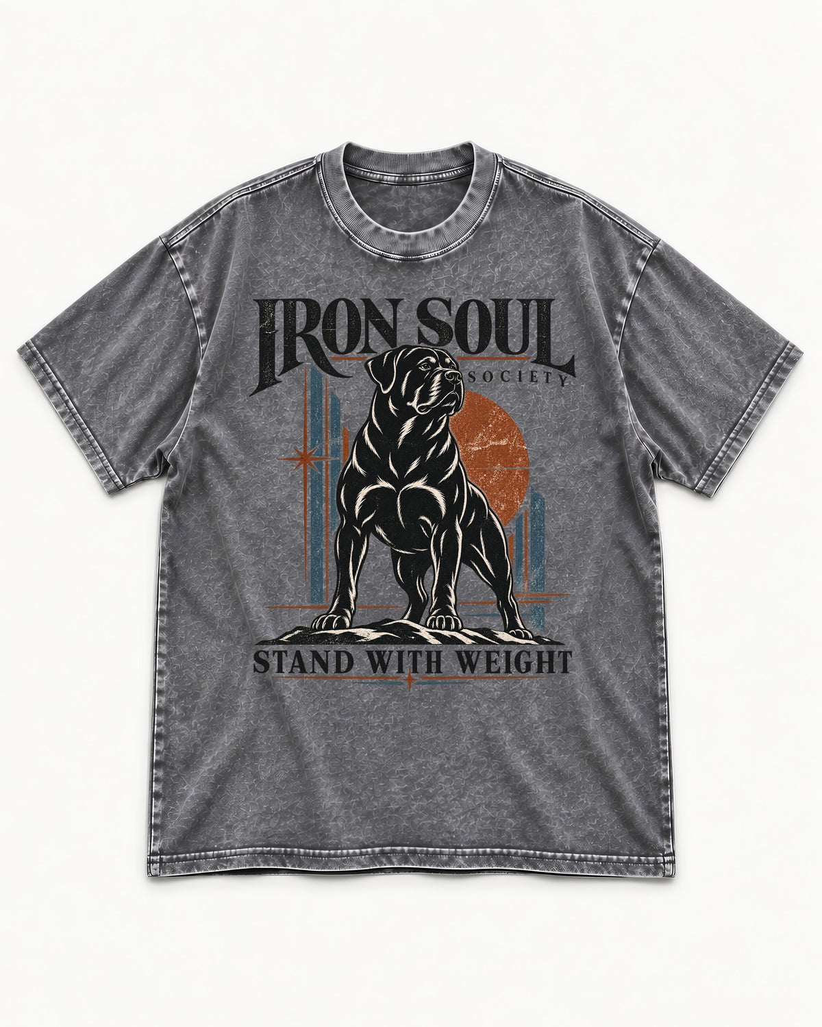 Rottweiler Iron Soul Society Washed Tee in Gray, flat lay product photo