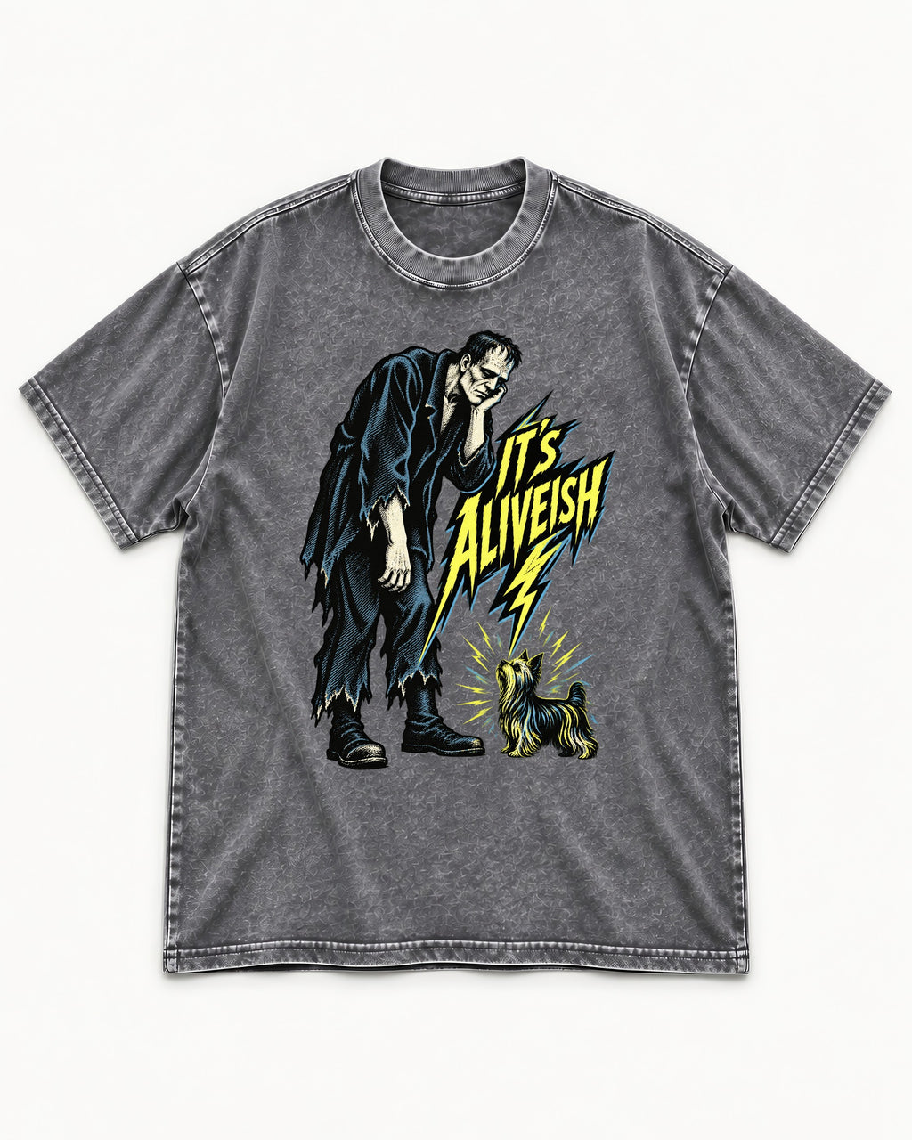It's Aliveish Yorkshire Terrier Washed Tee in Gray, flat lay product photo