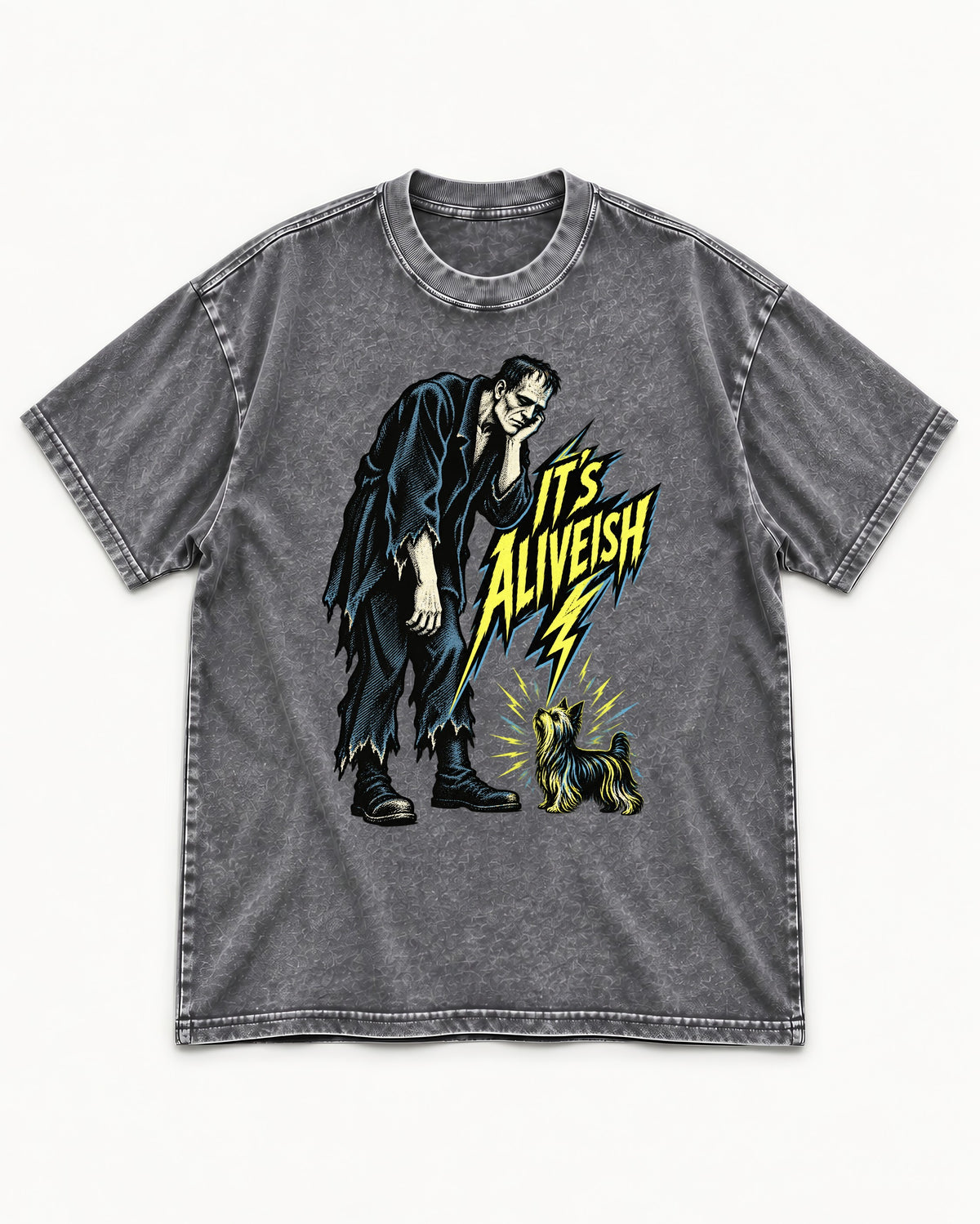 It's Aliveish Yorkshire Terrier Washed Tee in Gray, flat lay product photo