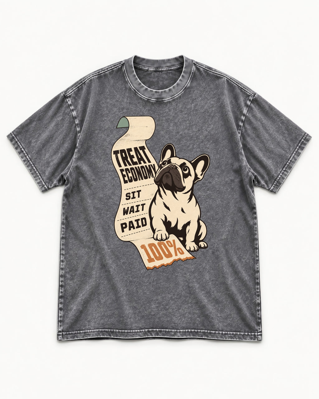 Frenchie Treat Economy Sit Wait Paid Receipt Graphic Washed Tee in Gray, flat lay product photo