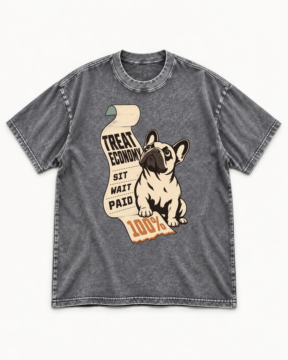 Frenchie Treat Economy Sit Wait Paid Receipt Graphic Washed Tee in Gray, flat lay product photo