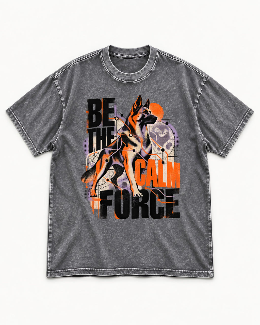 Be the Calm Force German Shepherd Dog Washed Tee in Gray, flat lay product photo