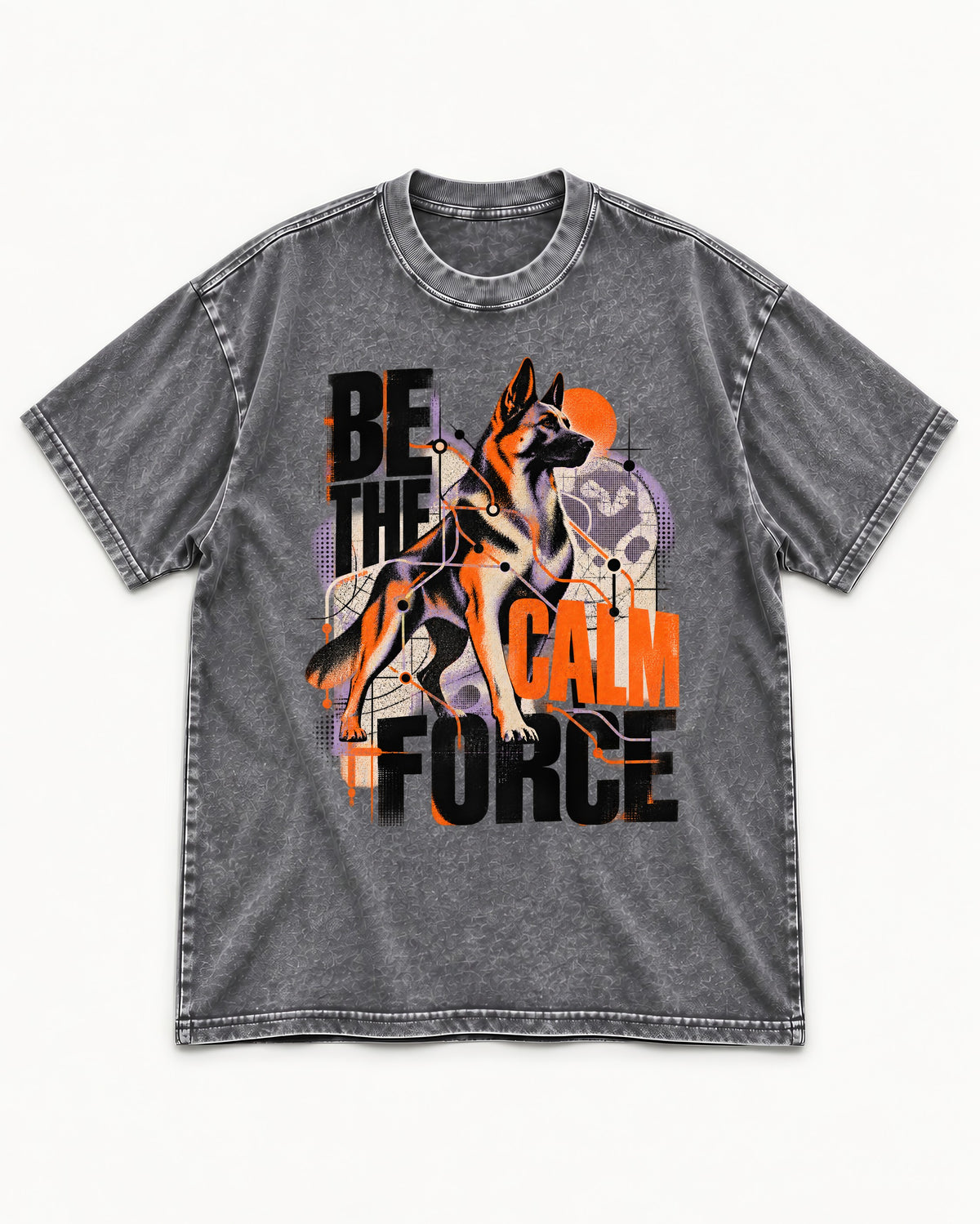 Be the Calm Force German Shepherd Dog Washed Tee in Gray, flat lay product photo
