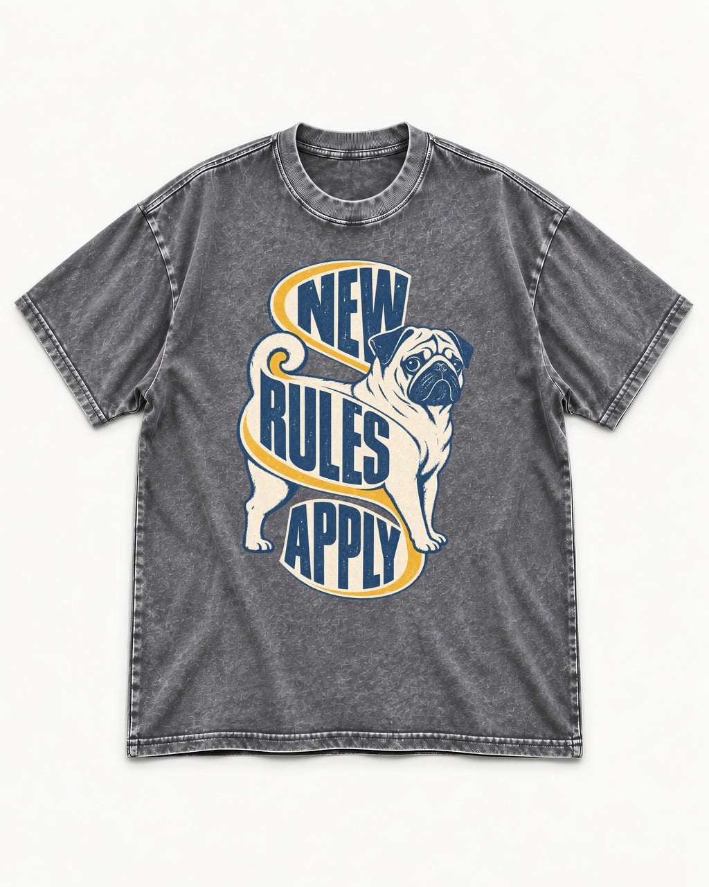 Pug New Rules Apply Ribbon Graphic Washed Tee in Gray, flat lay product photo