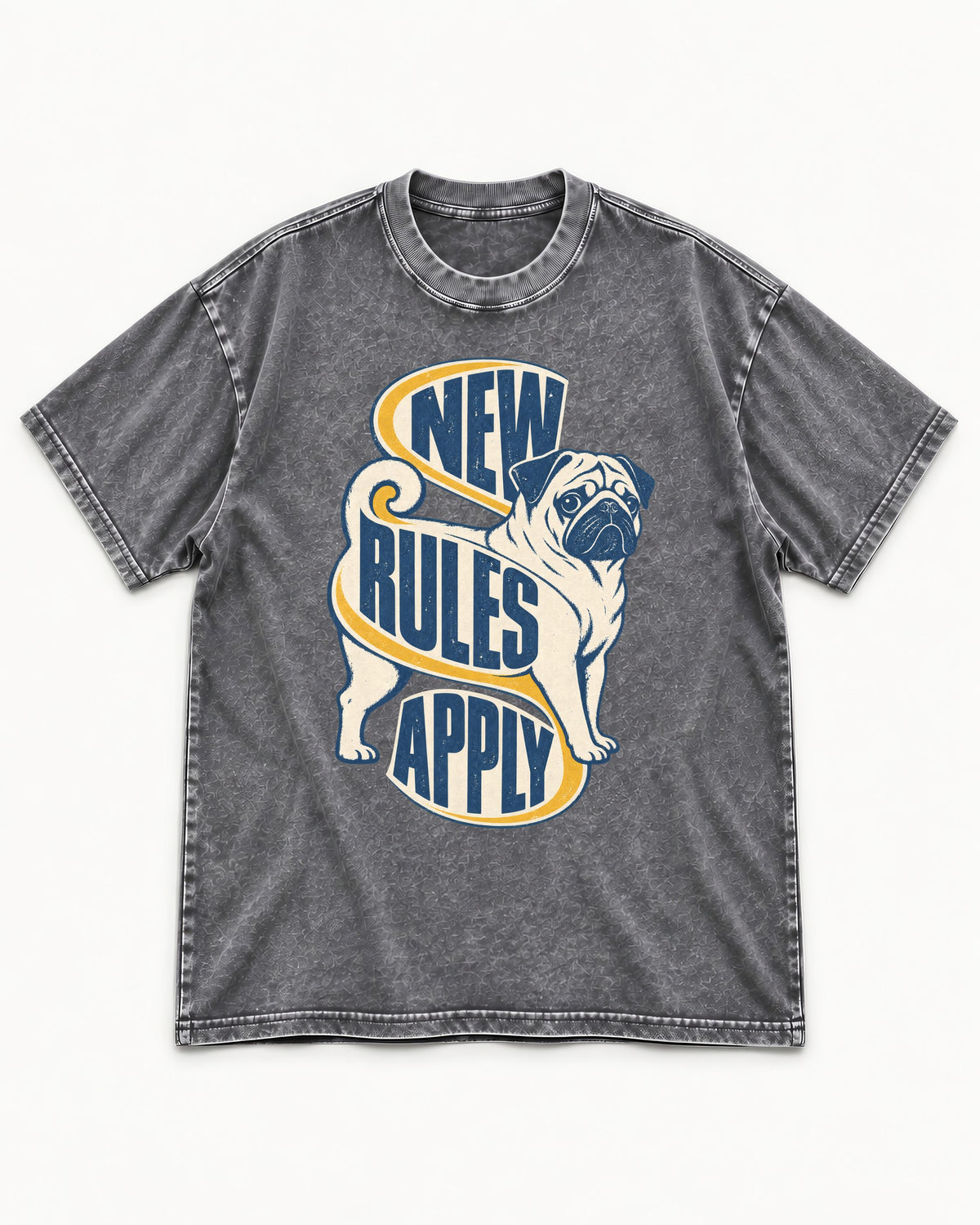 Pug New Rules Apply Ribbon Graphic Washed Tee in Gray, flat lay product photo