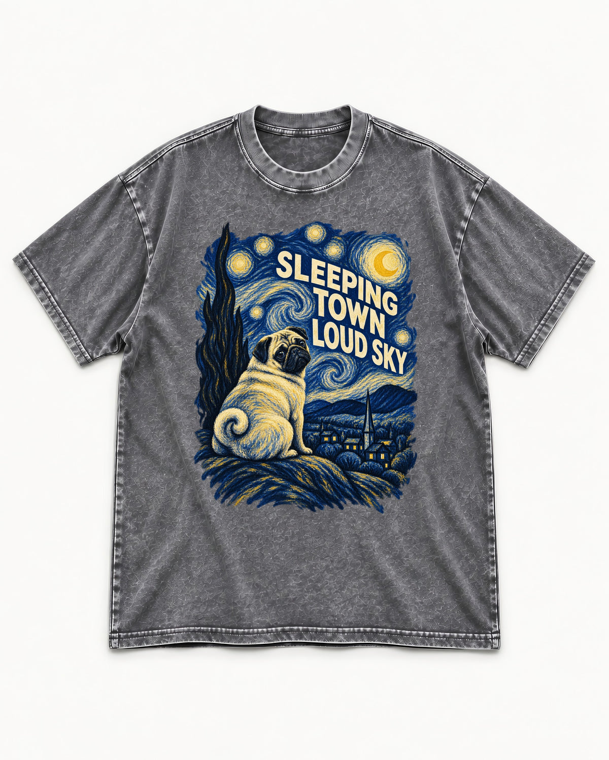 Pug Sleeping Town Loud Sky Starry Night Graphic Washed Tee in Gray, flat lay product photo