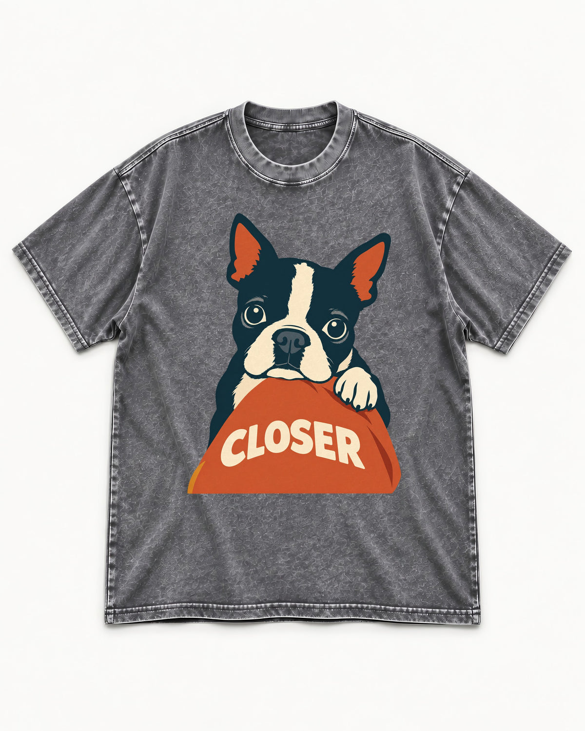 Come Closer Boston Terrier Washed Tee in Gray, flat lay product photo