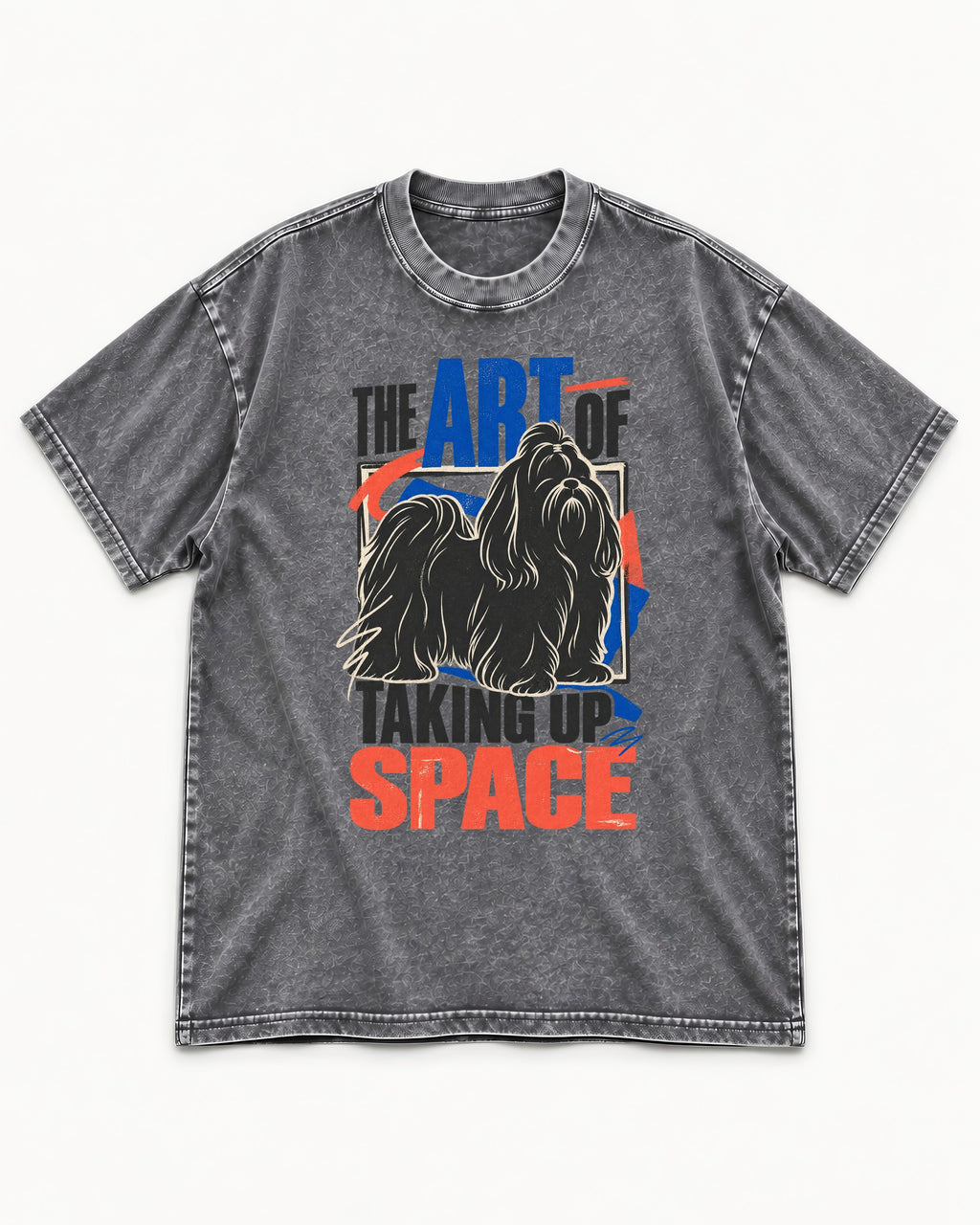Shih Tzu Taking Up Space Washed Tee in Gray, flat lay product photo