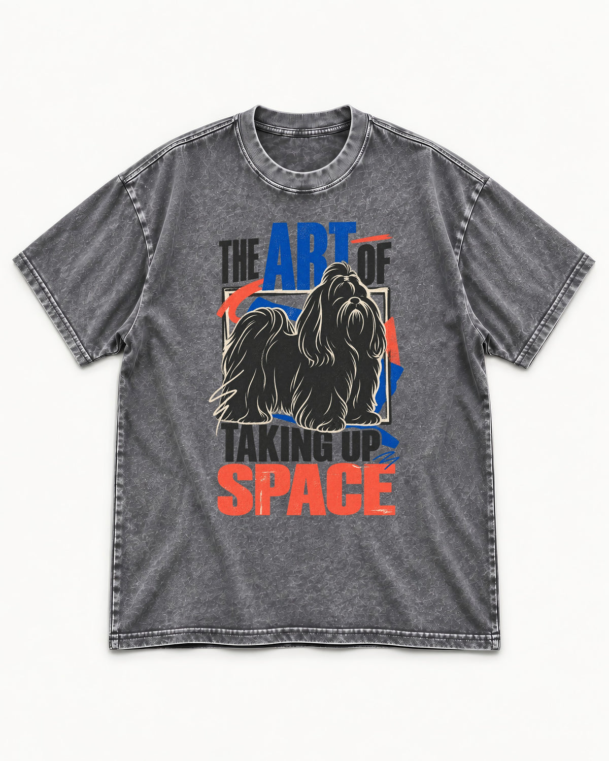Shih Tzu Taking Up Space Washed Tee in Gray, flat lay product photo