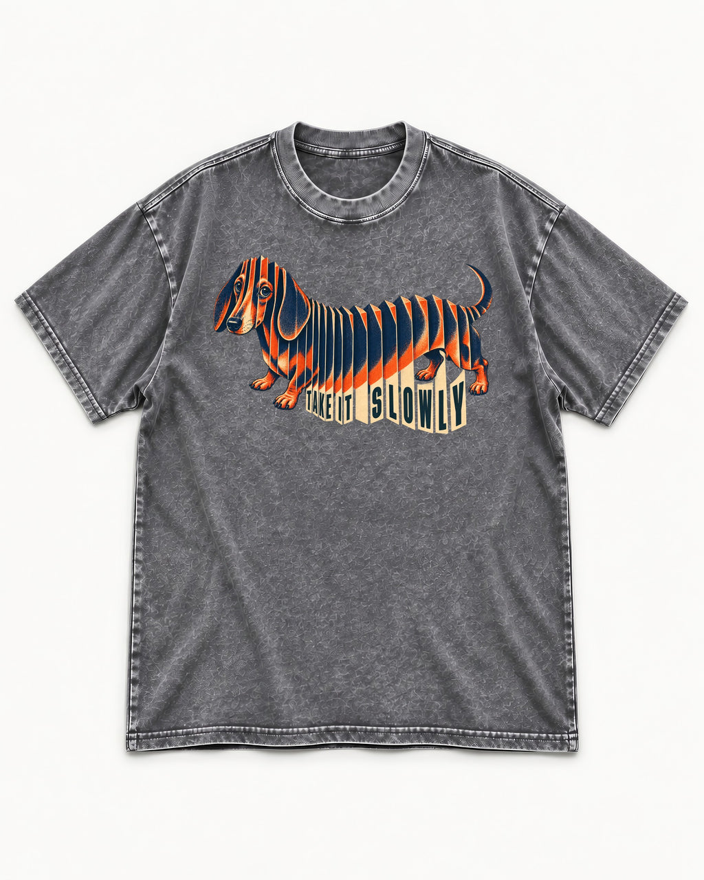 Take It Slowly Dachshund Washed Tee in Gray, flat lay product photo