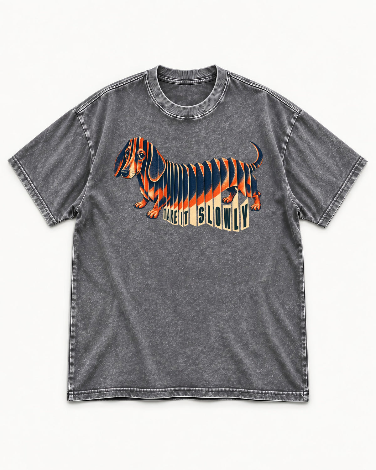Take It Slowly Dachshund Washed Tee in Gray, flat lay product photo