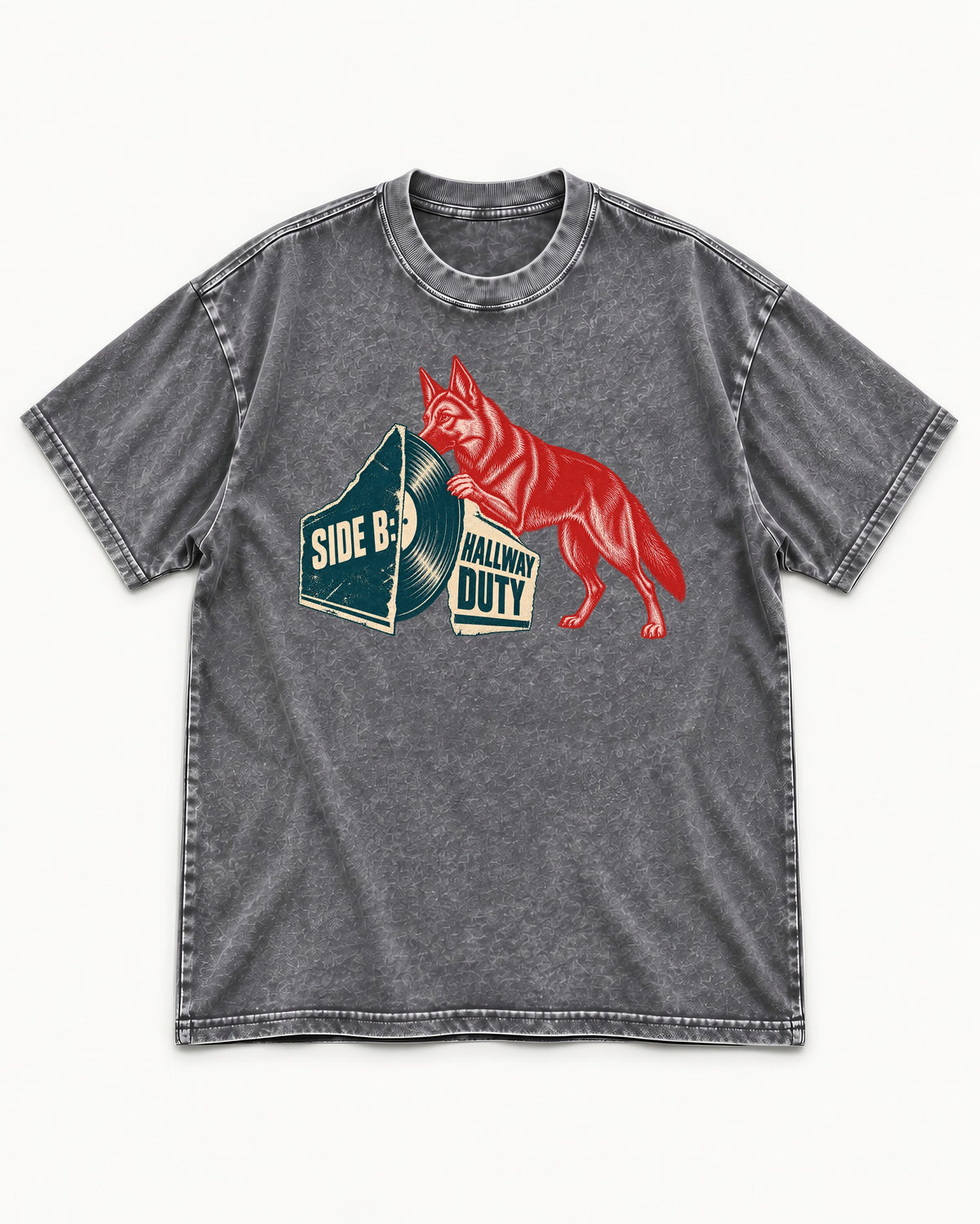 Side B Hallway Duty Vinyl Record German Shepherd Dog Graphic Washed Tee in Gray, flat lay product photo