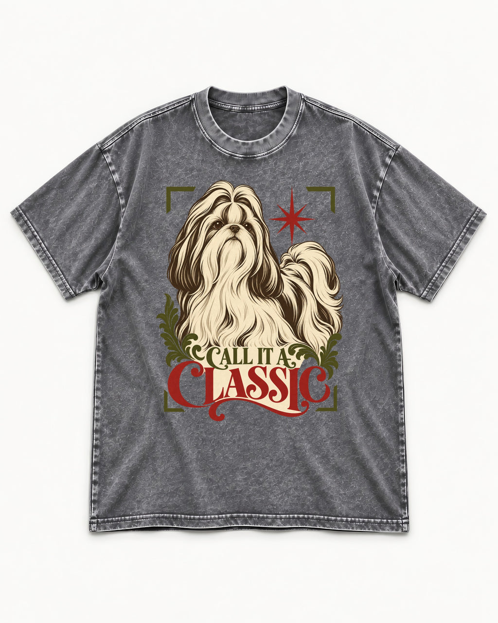 Call It a Shih Tzu Classic Washed Tee in Gray, flat lay product photo