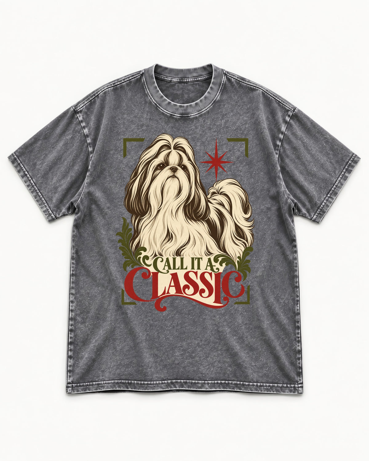 Call It a Shih Tzu Classic Washed Tee in Gray, flat lay product photo