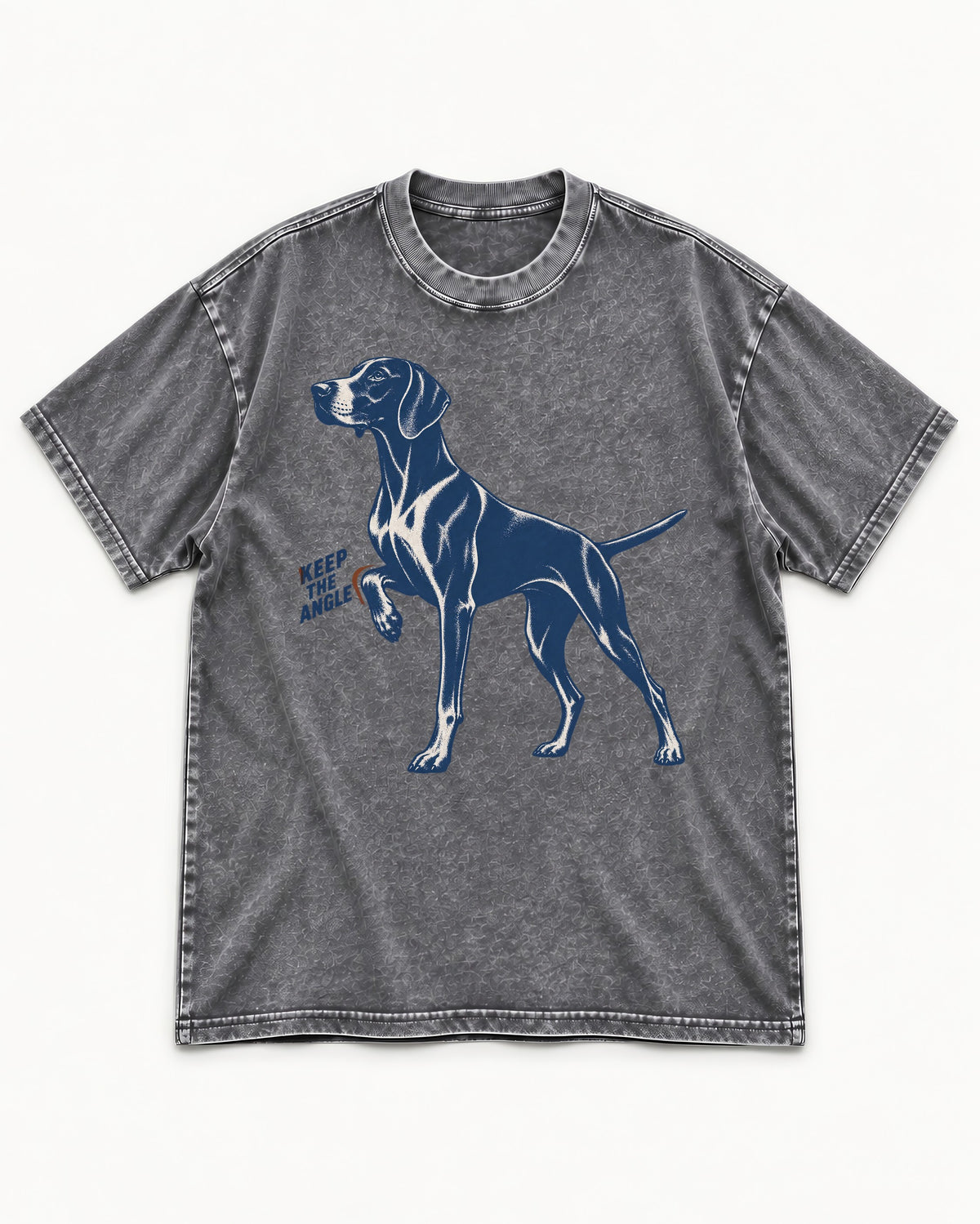 Keep the Angle German Shorthaired Pointer Washed Tee in Gray, flat lay product photo