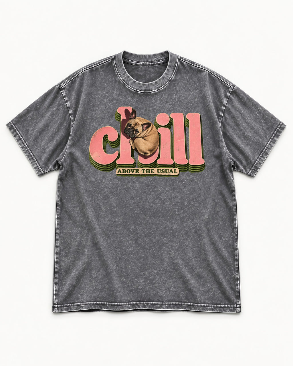 Frenchie Chill Washed Tee in Gray, flat lay product photo