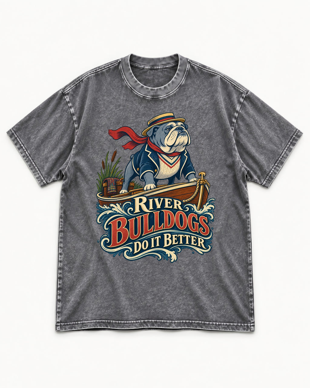 River English Bulldog Does It Better Washed Tee in Gray, flat lay product photo