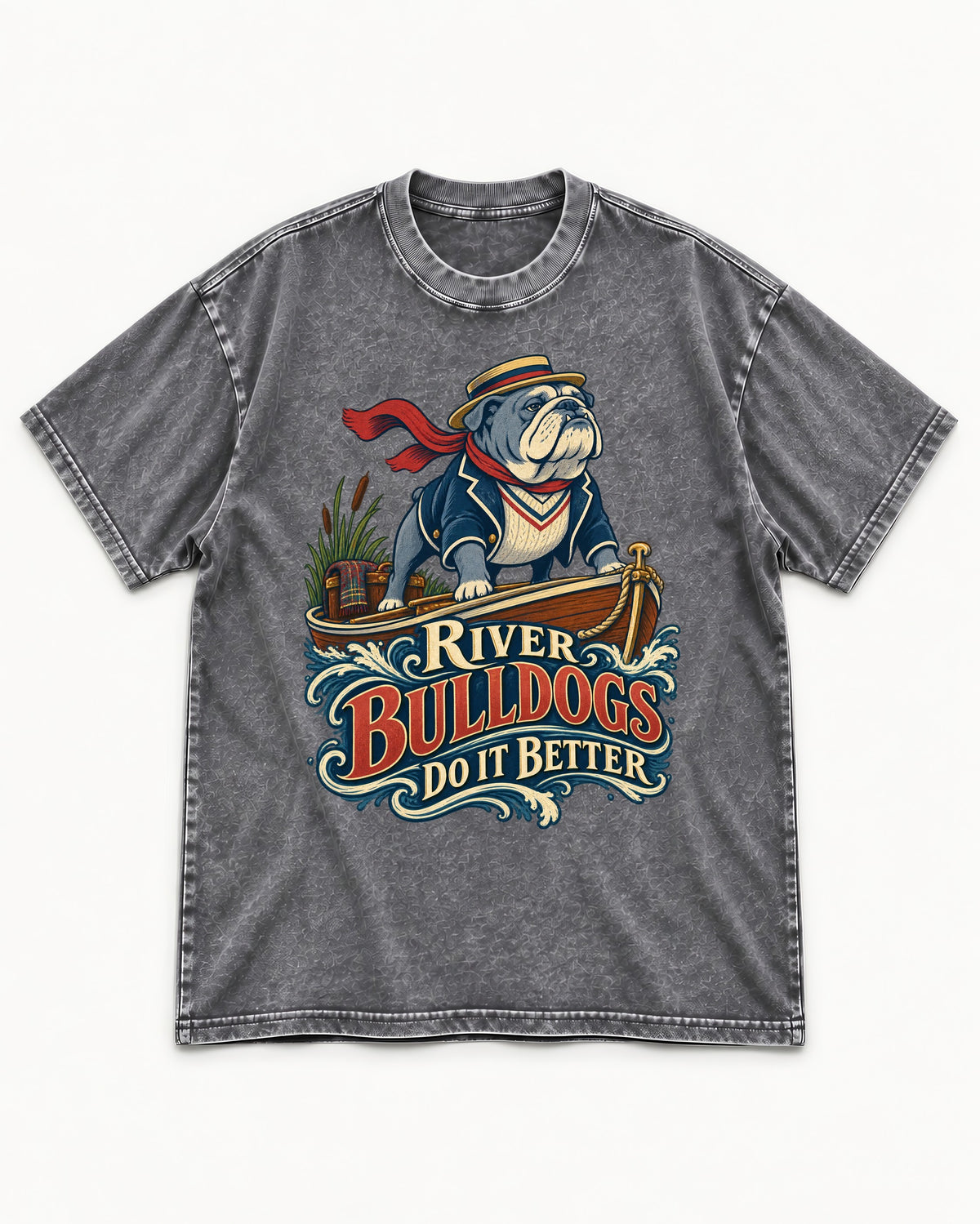River English Bulldog Does It Better Washed Tee in Gray, flat lay product photo