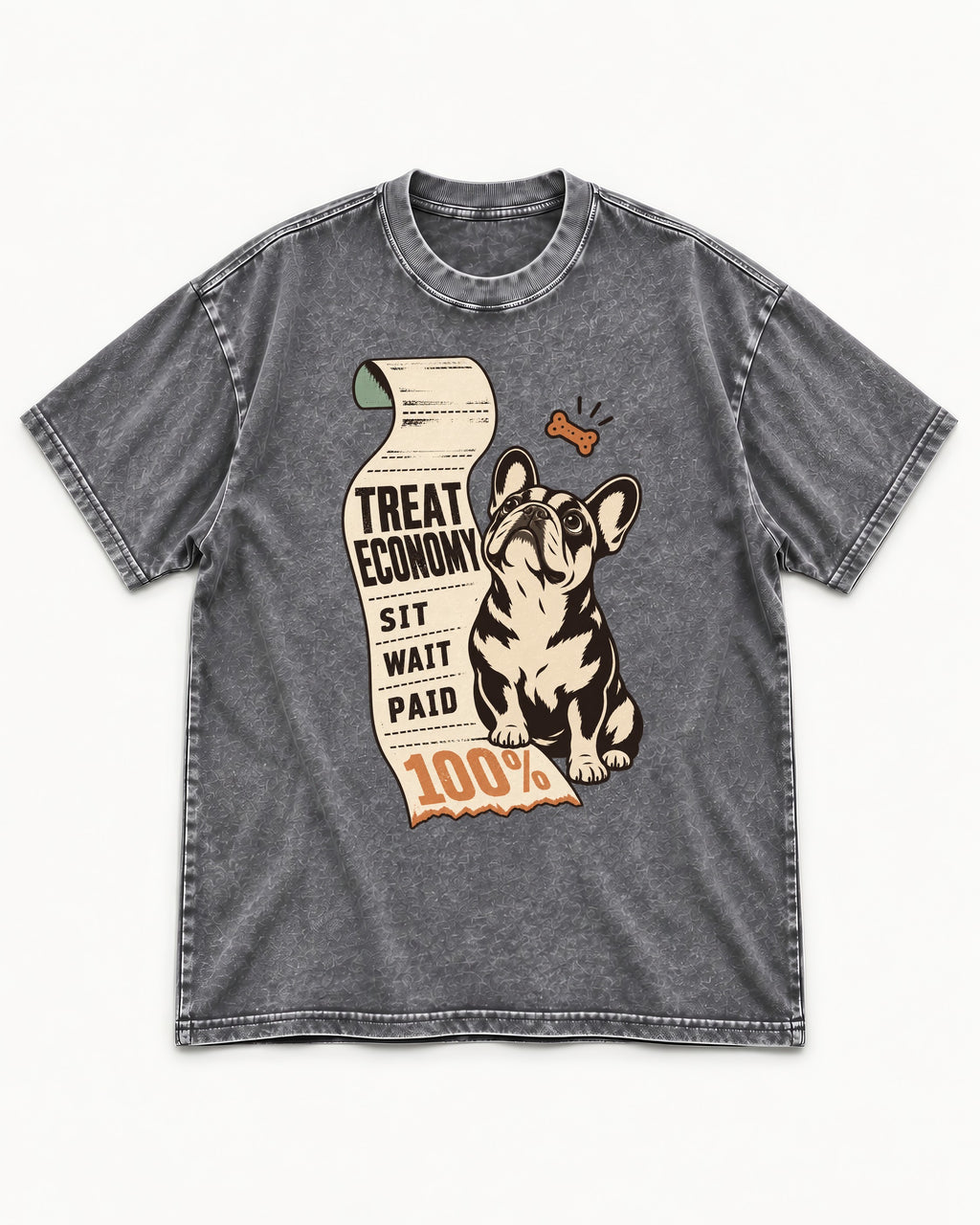 Sit Wait Paid Frenchie Washed Tee in Gray, flat lay product photo