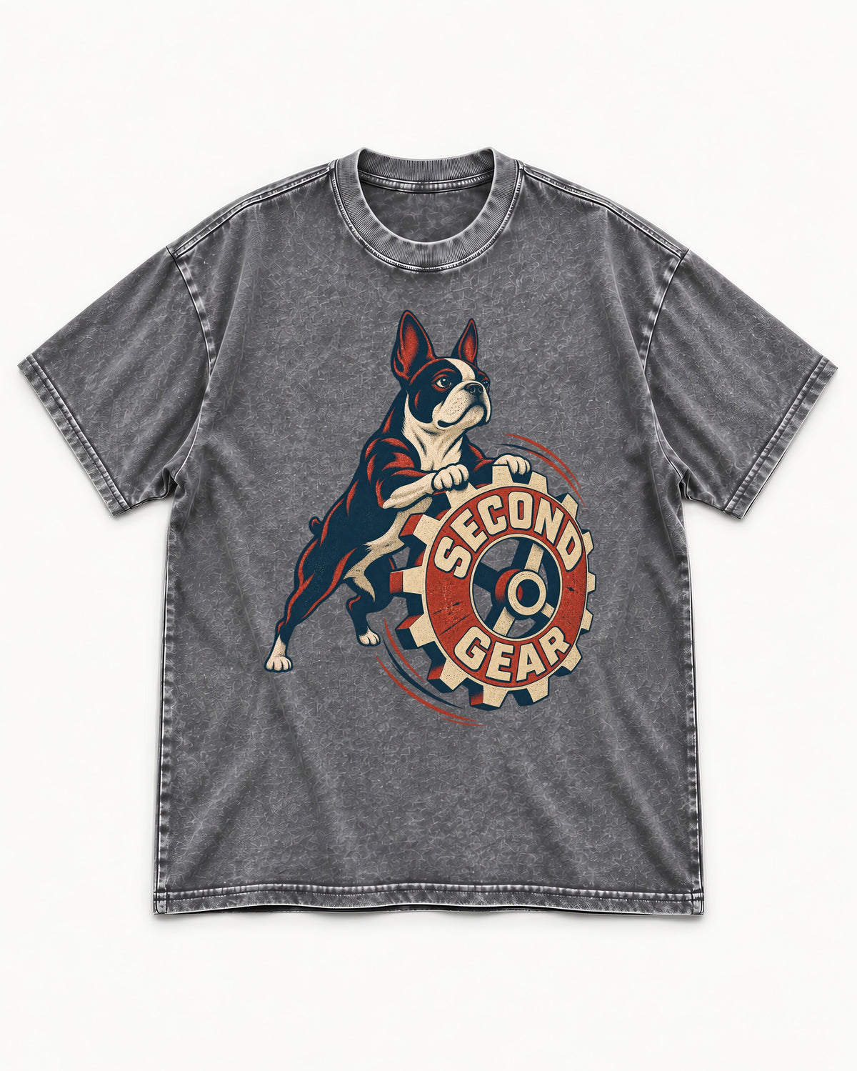 Second Gear Boston Terrier Graphic Washed Tee in Gray, flat lay product photo