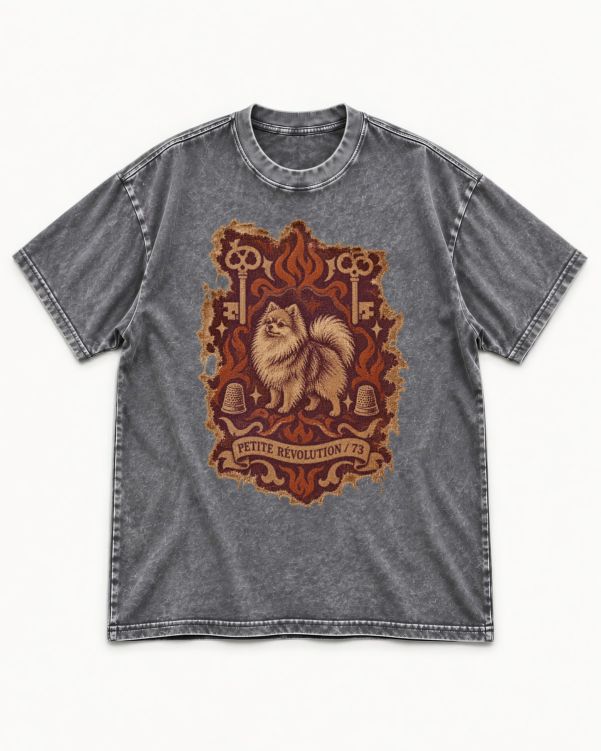 Pomeranian Petite Revolution Ornate Key Emblem Graphic Washed Tee in Gray, flat lay product photo